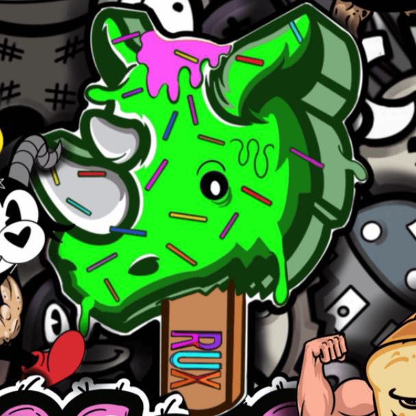 Colorful ice cream cone with a face on a background of various cartoon characters